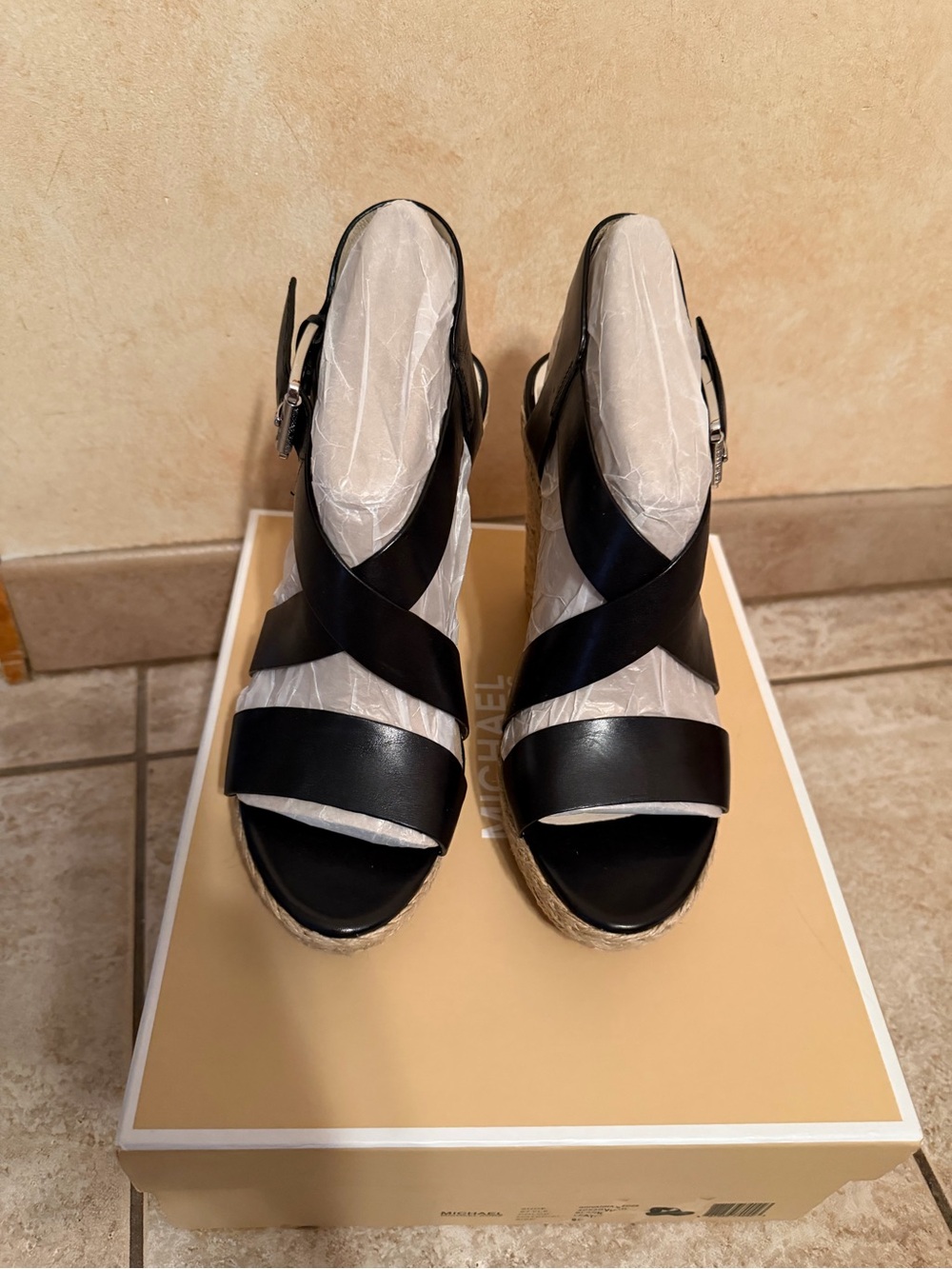 Michael Kors Giovanna Black Leather Crisscross Espadrille Wedge Sandals size 9